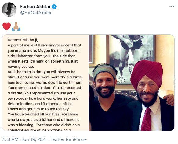 ਫਰਹਾਨ ਅਖ਼ਤਰ ਨੇ ਮਿਲਖਾ ਸਿੰਘ 'ਤੇ ਬਣੀ ਫਿਲਮ 'ਭਾਗ ਮਿਲਖਾ ਭਾਗ' ਵਿਚ ਮੁੱਖ ਭੂਮਿਕਾ ਵਿਚ ਸੀ। ਇਸ ਫਿਲਮ ਦਾ ਨਿਰਦੇਸ਼ਨ ਰਾਕੇਸ਼ ਓਮ ਪ੍ਰਕਾਸ਼ ਮਹਿਰਾ ਨੇ ਕੀਤਾ ਸੀ। ਇਹ ਫਿਲਮ ਬਲਾਕਬਸਟਰ ਸਾਬਤ ਹੋਈ। ਹੁਣ ਬਾਲੀਵੁੱਡ ਅਦਾਕਾਰ-ਨਿਰਮਾਤਾ ਫਰਹਾਨ ਅਖ਼ਤਰ ਨੇ ਮਿਲਖਾ ਸਿੰਘ ਦੀ ਮੌਤ 'ਤੇ ਦੁੱਖ ਜ਼ਾਹਰ ਕੀਤਾ ਹੈ। ਸੋਗ ਨਾਲ ਭਰੇ ਇੱਕ ਭਾਵਨਾਤਮਕ ਨੋਟ ਨੂੰ ਉਸਨੇ ਮਿਲਖਾ ਸਿੰਘ ਨਾਲ ਇੱਕ ਤਸਵੀਰ ਨਾਲ ਸ਼ੇਅਰ ਕੀਤਾ ਹੈ।