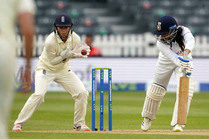 With the help of Sneh Rana's unbeaten 80, the Indian women's team was able to secure a thrilling draw against England. Sneh Rana also shared a record partnership of 104 runs for the ninth wicket with Tania Bhatia. Photo: PTI
