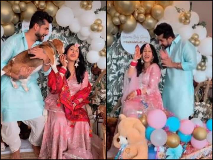 Kishwer Merchant flaunted her red chooda while striking a pose for the camera. She can be seen posing with her husband Suyyash Rai, who looked dapper in a blue kurta.