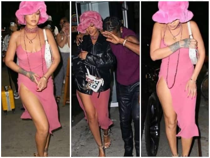 Rihanna heads to dinner a thigh-skimming hoodie and purple lipstick