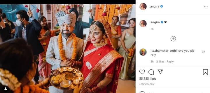 બોલિવૂડ એકટ્રેસ અંગીર ઘર અને ડાયરેક્ટર આનંદ તિવારી સિક્રેટ રીતે  લગ્નના બંધનમાં બંઘાઇ ગયા. એક્ટ્રેસે તસવીર શેર કરતાં કહયું કે, તેમણે એપ્રિલમાં 'લવ સ્કાયર ફૂટ' ડાયરેક્ટર આનંદ તિવારીની સાથે લગ્ન કર્યો છે. અંગિરાએ લગ્નની તસવીરો હાલ  તેમના ઇન્સ્ટાગ્રામ અકાઉન્ટ પર શેર કરી છે. તો આનંદ તિવારીએ પણ લગ્નની તસવીર શેર કરીને ફેન્સની તેમના લગ્નની જાણકારી આપી છે.