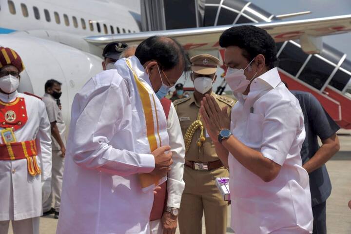 Chief Minister M.K.Stalin greets Vice President, M. Venkaiah Naidu with a shawl and a book.