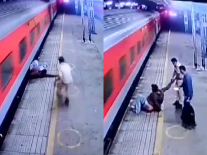 RPF Constable Rushing To Rescue Man From Falling Into Tracks In Mumbai's Borivali Railway Station Watch | Chilling Video Of RPF Constable Rushing To Rescue Man From Falling Into Tracks In Mumbai