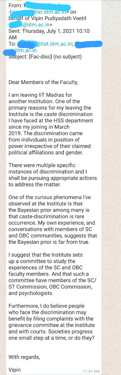 Read Letter | IIT Madras Professor Quits Job Citing Caste Discrimination At Institution