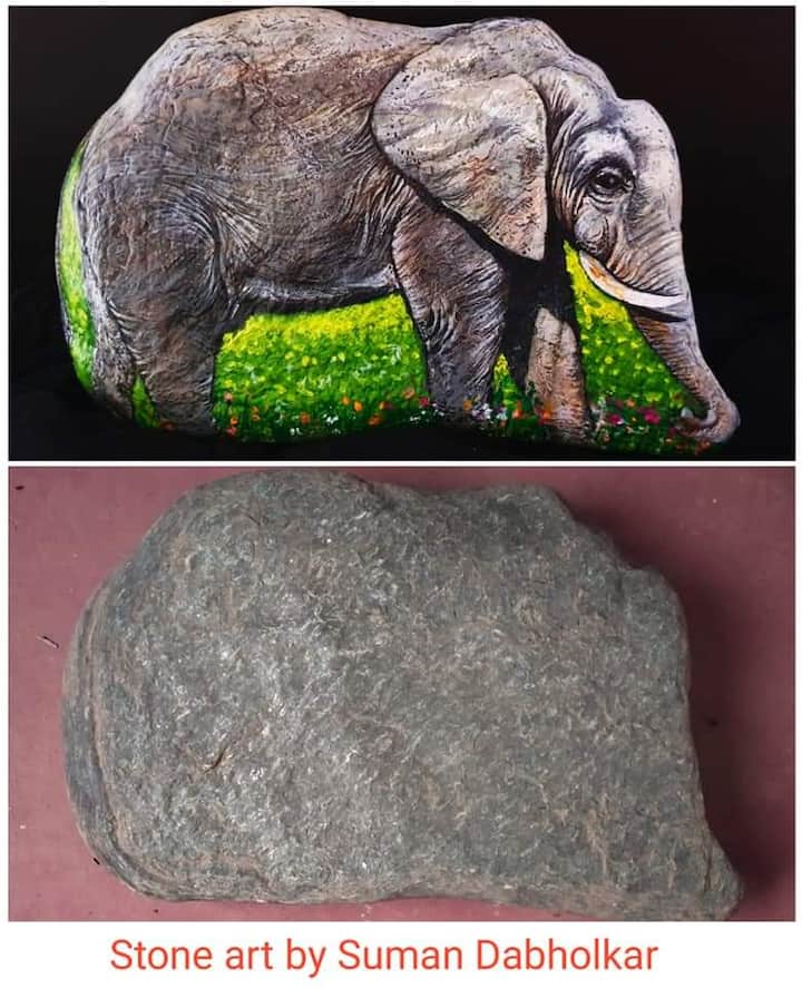 मात्र सिंधुदुर्ग जिल्ह्यातील कणकवली मधील सुमन दाभोलकर या अवलियाने दगडाचा आकार न बदलता रंगाची उधळण करून बसलेल्या कुत्र्याचं चित्र साकारलं आहे.