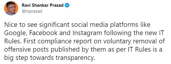 'Big step towards transparency': Ravi Shankar Prasad commends Google, Facebook for first compliance report