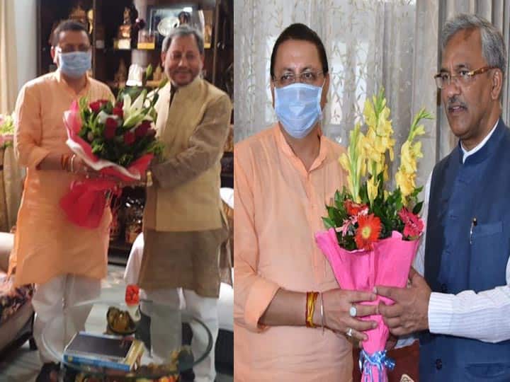Chief Minister designate Pushkar Singh Dhami meets former Uttarakhand CM Tirath Singh Rawat and Trivendra Singh Rawat उत्तराखंड के दो पूर्व सीएम से मिले पुष्कर सिंह धामी, आज शाम लेंगे मुख्यमंत्री पद की शपथ