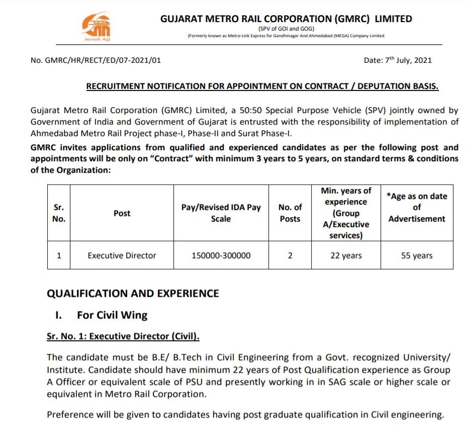 GMRC Recruitment: ગુજરાત મેટ્રો રેલ કોર્પોરેશન લિમિટેડમાં નોકરીની તક, જાણો અરજી કરવાની કઈ છે છેલ્લી તારીખ