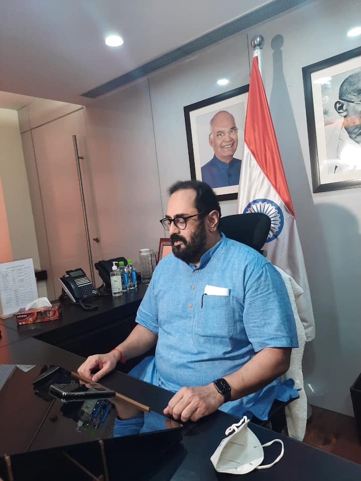 Rajeev Chandrasekhar takes charge as the MoS in the Ministry of Electronics and Information Technology.(Image: ANI)