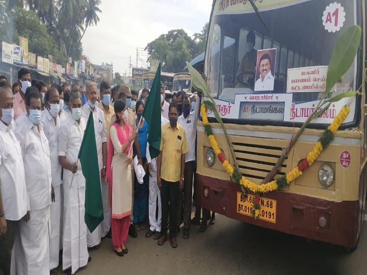 thiruvarur district collector gayathri new bus opening function in new bus routes திருவாரூர் : பல ஆண்டுகளாக நிறுத்தப்பட்ட பேருந்து வழித்தடங்களை மீண்டும் செயல்பாட்டுக்கு கொண்டுவந்தார் ஆட்சியர் காயத்ரி..!