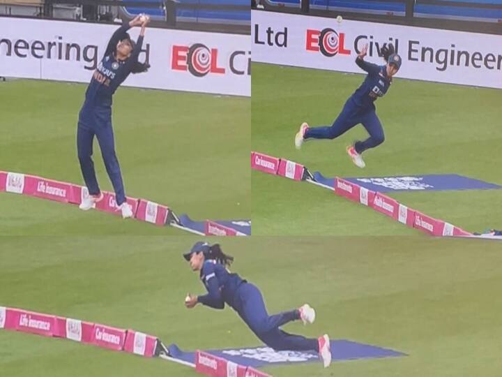 India vs England women first T20 match Harleen Deol's catch goes viral in twitter Harleen deol | 'அட்டகாசமான கேட்ச்..அடித்துத்தூக்கிய ஹர்லீன் '- வைரலாகும் ஹர்லீன் தியோல் கேட்ச்..!