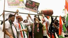 Mumbai Congress President Bhai Jagtap protests against increasing fuel prices on bullock cart