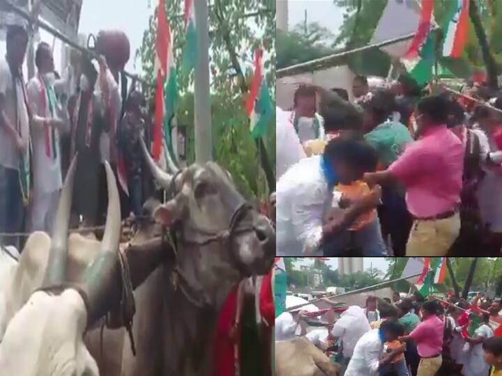 The bullock cart broke down while the Congress was protesting against inflation in Mumbai मुंबईत महागाई विरोधात काँग्रेसचं आंदोलन सुरु असताना बैलगाडी मोडल्याने फजिती; भाजपकडून खोचक टीका