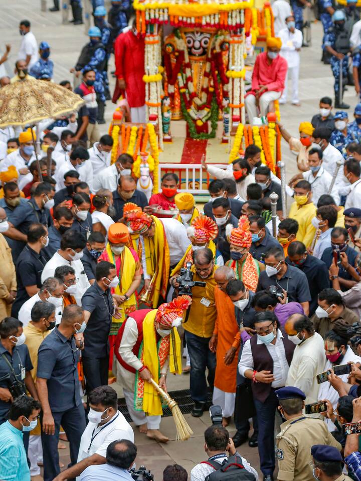 Gujarat CM Vijay Rupani arrives to perform rituals during the 144th annual Rath Yatra festival in Ahmedabad. (Image Source: PTI)