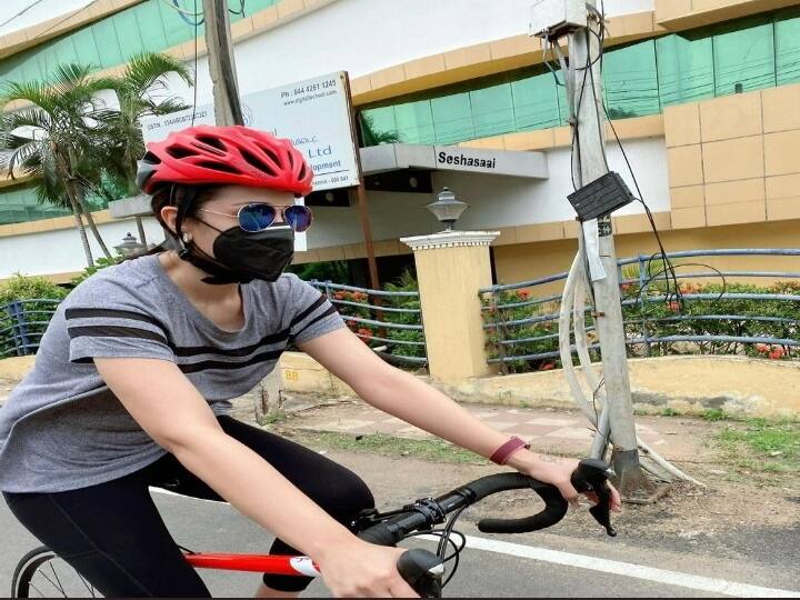 Trisha Krishnan picks up cycling as new hobby, fans compared with petrol price Trisha | பிட்னஸா? பெட்ரோல் விலை உயர்வா? சைக்கிளிங் நாயகிகளிடம் கேள்வியெழுப்பும் இணையவாசிகள்!