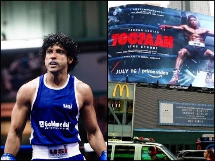 Farhan Akhtar Toofan On Times Square Billboard In New York Video: Mrunal Thakur Shibani Dandekar React Watch: Farhan Akhtar Starrer Toofan's Promo Makes It To Times Square's Billboard In New York; Shibani Dandekar Reacts!