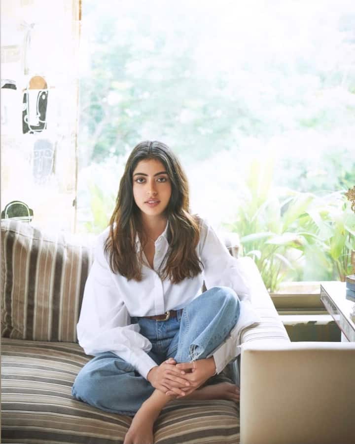 Navya Naveli Nanda donned a white shirt and blue denims for her new photo-shoot. The star kid has co-founded a company, that aims to focus on women's health.