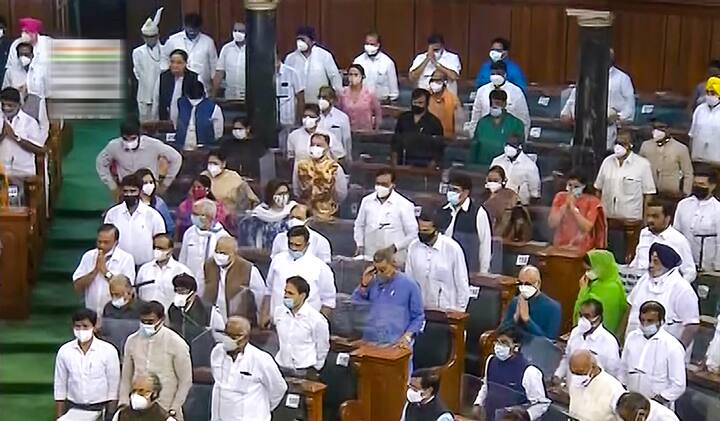 Parliamentarians pay tribute in the Lok Sabha, on the first day of the Monsoon Session of Parliament, in New Delhi, Monday, July 19, 2021. (Image Source: PTI)
