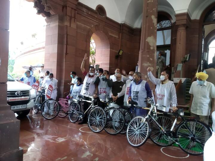 সংসদের গেটে তাঁদের স্বাগত জানান লোকসভার দলনেতা সুদীপ বন্দ্যোপাধ্যায়। তাঁর দাবি, সাইকেল চালিয়ে সংসদে এসে প্রতিবাদের পথ দেখাল তৃণমূল।