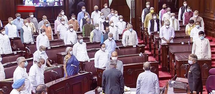 Parliamentarians pay tribute in the Rajya Sabha, on the first day of the Monsoon Session of Parliament, in New Delhi on Monday. (Image Source: PTI)