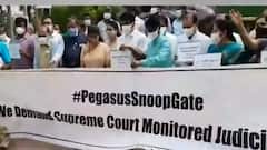 Pegasus Spy Case: Opposition stage protest in Parliament premises with 'SC monitored probe' banners