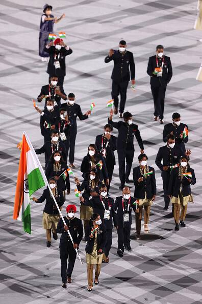Here's a photo of Mary Kom and Manpreet Singh of Team India during the opening ceremony of the Tokyo Olympics, which was held at Japan National Stadium. (Photo by Clive Brunskill/Getty Images)