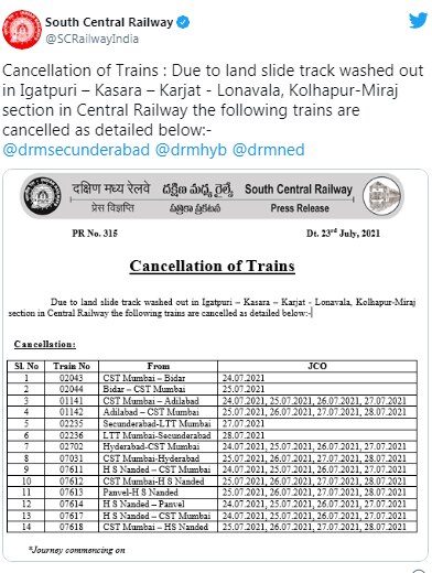 Indian Railways Trains Cancelled: భారీ వర్షాల కారణంగా రద్దైన రైళ్లు ఇవే…