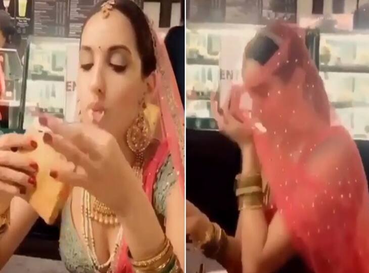 See Nora Fatehi stunning bridal look in viral video शादी के लिबास में दिखीं Nora Fatehi, दोस्त ने चोरी से दुल्हन बनी Nora का बनाया ये Viral Video
