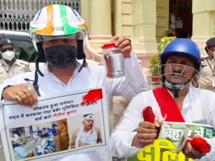 Patna: Opposition Leaders Reach Assembly House Wearing Helmets, Black Masks Citing Prior Violence Patna: Opposition Leaders Reach Assembly House Wearing Helmets, Black Masks Citing Prior Violence