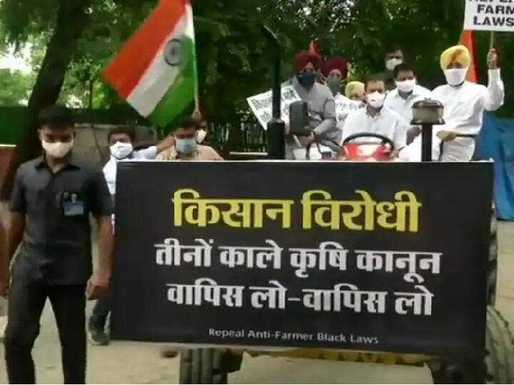 rahul gandhi reached parliament house by tractor in protest against agricultural laws said farmers voices are being suppressed कृषी कायद्यांच्या विरोधात राहुल गांधी ट्रॅक्टर चालवत संसदेत दाखल, म्हणाले...