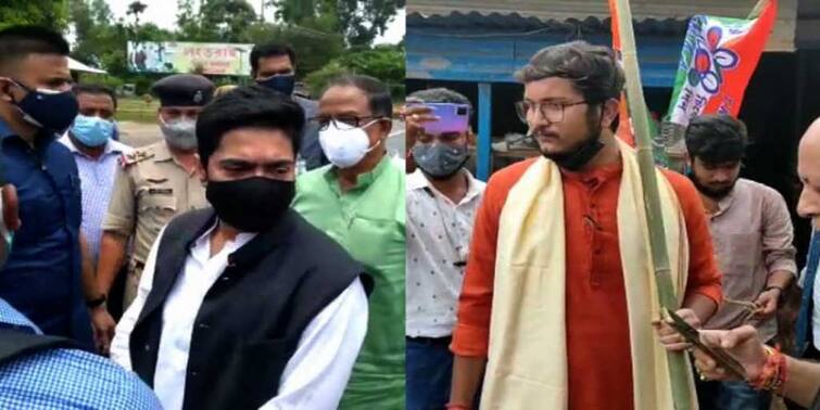 Tripura: Black flag shown to Abhishek Banerjee, Go Back slogan raised, Debangshu Bhattacharya Khela Hobe slogan Tripura: অভিষেককে কালো পতাকা,  গাড়িতে লাঠি, দেবাংশুর সঙ্গে পুলিশের ধস্তাধস্তি, পাল্টা 'খেলা হবে' স্লোগান