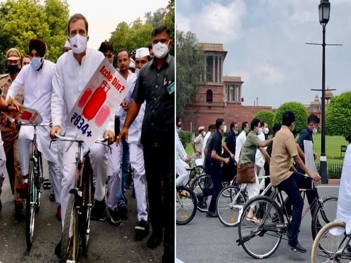 On Pegasus-inflation, Rahul Gandhi made a strategy on breakfast with the opposition, reached Parliament House by bicycle पेगासस-महंगाई पर राहुल गांधी ने विपक्ष के साथ ब्रेकफास्ट पर बनाई रणनीति, साइकिल से पहुंचे संसद भवन