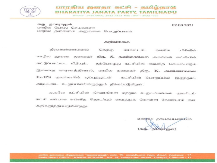 வணிகப் பிரிவு தலைவர்... வேட்பாளர்... இப்போ ‛டிஸ்மிஸ்’; பாஜக மாநில துணை தலைவர் நீக்கத்தின் பின்னணி!