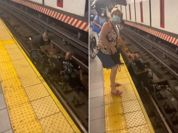 Young man saved wheel chair bound man who fell into Subway train track in Newyork viral trending video 'கரணம் தப்பினால் மரணம்' : ரயில் பாதையில் சிக்கிய நபரை மீட்ட இளைஞர் (வைரல் வீடியோ)