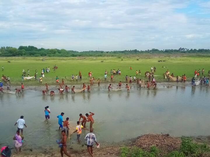 Curfew fishing festival near Villupuram விழுப்புரம் அருகே ஊரடங்கை மீறி நடந்த  மீன்பிடி திருவிழா...!- போலீஸ் வந்ததால் சிதறி ஓடிய கிராம மக்கள்