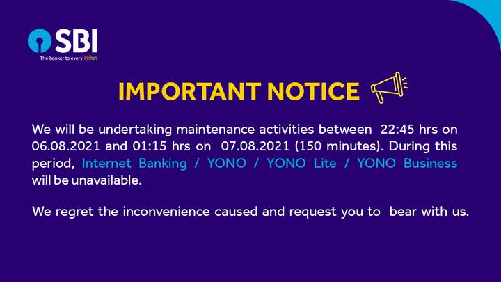 స్టేట్ బ్యాంక్ ఆఫ్ ఇండియా తన ఖాతాదారులకు ప్రకటన విడుదల చేసింది. ఈ నెల 6, 7వ తేదీల్లో మెయింటెనెన్స్ పనుల  కారణంగా బ్యాంకింగ్ సేవల్లో అంతరాయం కలుగుతుందని వెల్లడించింది. ఈ నెల 6 వ తేదీ శుక్రవారం రాత్రి 22.45 గంటల నుంచి 7వ తేదీ శనివారం ఉదయం 1.15 గంటల వరకు అంటే 150 నిమిషాల పాటు సేవల్లో అంతరాయం కలుగుతుందని తెలిపింది. ఆ టైమ్ లో  ఇంటర్నెట్ బ్యాంకింగ్, యోనో, యోనో లైట్, యోనో బిజినెస్ సేవలు పనిచేయవని ఎస్బీఐ  వెల్లడించింది.