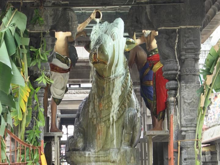 பெரிய நந்தி பகவானுக்கு பால் அபிஷேகம் நடந்தது