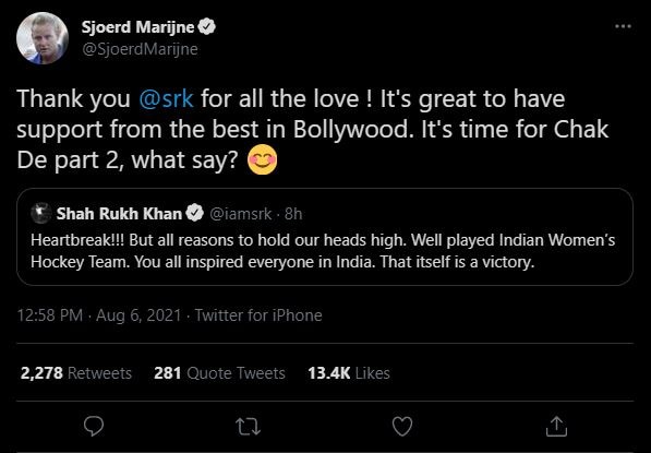Indian Hockey Team Coach Sjeord Marjine Thanks SRK In A Tweet, Tags Wrong Account