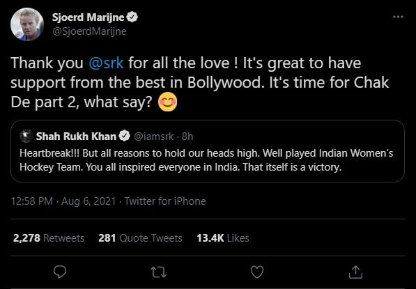 Indian hockey team coach Sjoerd Margin thanks SRK in a tweet, tagged the wrong account