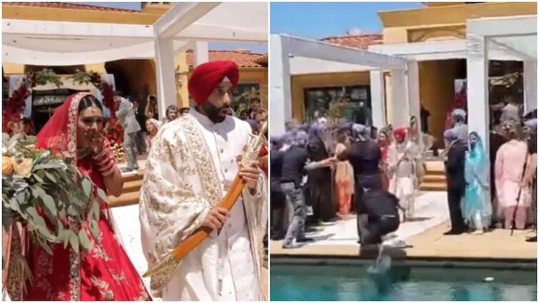 Wedding photographer falls into swimming pool during photo shoot, video became viral Wedding Photographer Viral: বিয়েতে আজব কাণ্ড! বর-বৌয়ের ছবি তুলতে গিয়ে সুইমিং পুলেই পড়ে গেলেন ফটোগ্রাফার