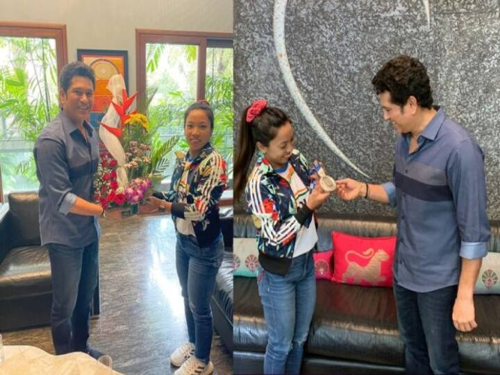 Tokyo olympic Silver medalists Mirabai Chanu meets Cricket legend Sachin Tendulkar today 'அவருடைய வார்த்தைகள் எப்போதும்..' - சச்சினை சந்தித்த மீராபாய் சானு