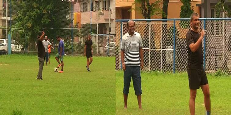 BJP Krirah Diwas Celebration 13 August to protest Khela Hobe Diwas, Sayantan Basu Kalyan Chaube Plays football Match At Saltlake BJP Krirah Diwas Celebration : 'খেলা হবে' দিবসের পাল্টা বিজেপির 'ক্রীড়া দিবসে' ফুটবলে কিক সায়ন্তন-কল্যাণের