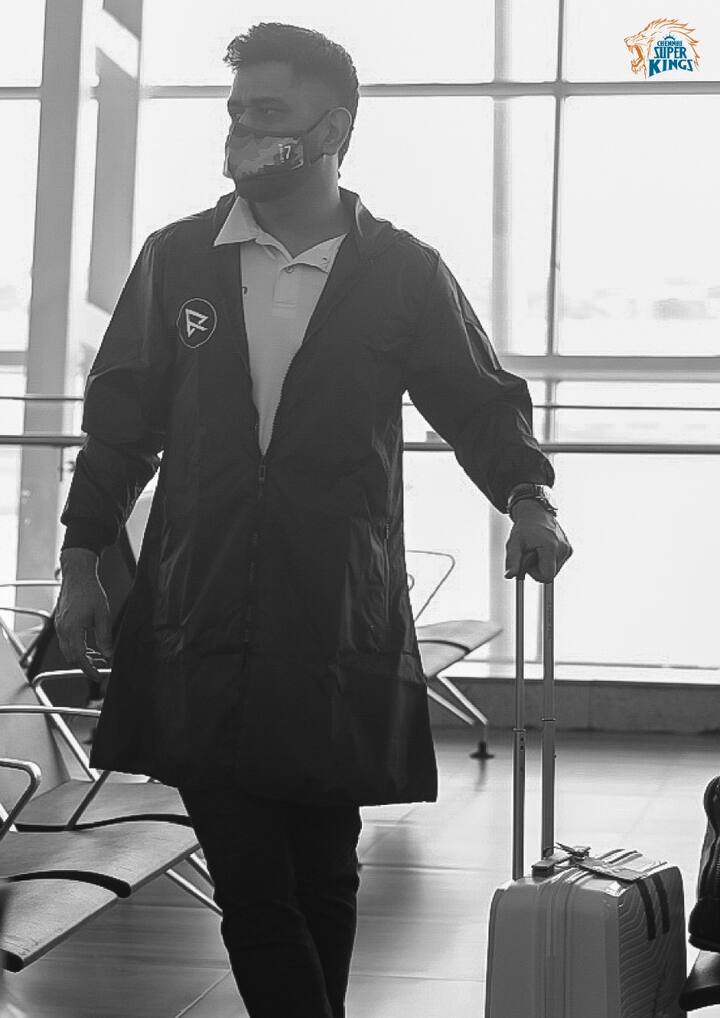 Chennai Super Kings (CSK) captain, MS Dhoni walks out of the airport lobby to join the team ahead of the Indian Premier League (Courtesy: Twitter/ @ChennaiIPL)