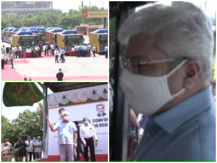 Delhi Transport Minister Kailash Gahlot flagged off 32 new air conditioner buses दिल्लीः 32 नई कलस्टर बसों को हरी झंडी, पैनिक बटन और CCTV जैसी सुविधाएं मौजूद