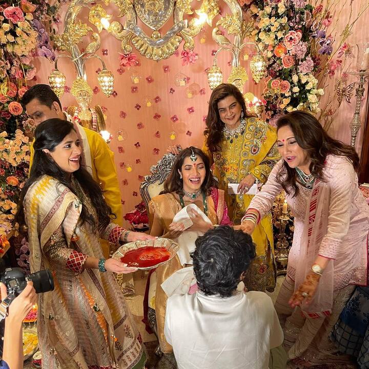 Sanjay Kapoor's wife Maheep Kapoor shared several photos from Antara's baby shower on social media. The soon-to-be mommy looked radiant in an ethnic outfit at the function.