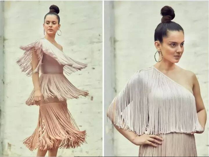 'जजमेंटल है क्या' के प्रमोशन के दौरान कंगना रनौत ने एक खूबसूरत फ्रिंज ड्रेस में धमाल मचाया था. ब्लश पिंक ड्रेस में वो काफी खूबसूरत लगी थीं. उन्होंने हाई टॉप नॉट बन के साथ लुक को पूरा किया था. उन्होंने इस इस ड्रेस के साथ न्यूड मेकअप कैरी किया हुआ था. 'क्वीन' एक्ट्रेस ने गोल्डन ईयररिंग्स भी पहना था जो बेहद खूबसूरत लग रहा था.