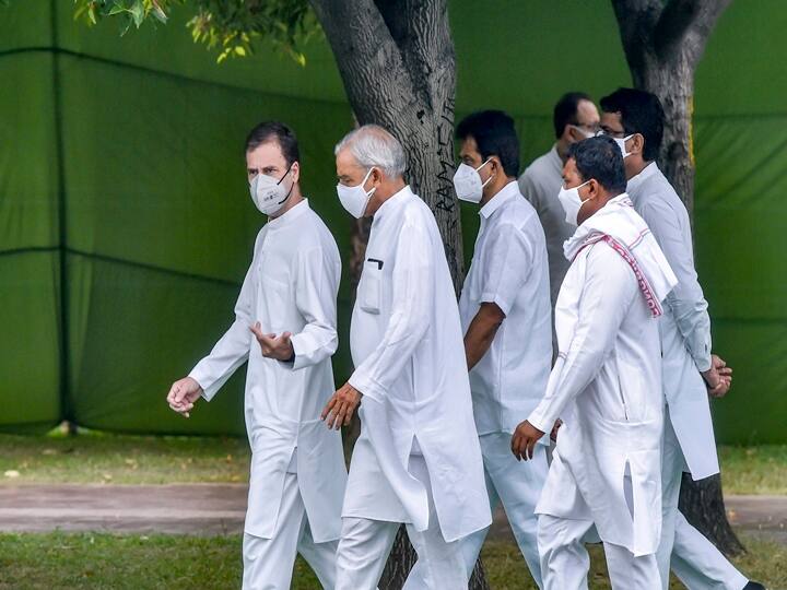 New Delhi: Congress leader Rahul Gandhi with other congress leaders after paying tribute to former prime minister Rajiv Gandhi on his 77th birth anniversary, at Veer Bhumi, Friday, Aug. 20, 2021. (PTI Photo/Ravi Choudhary)