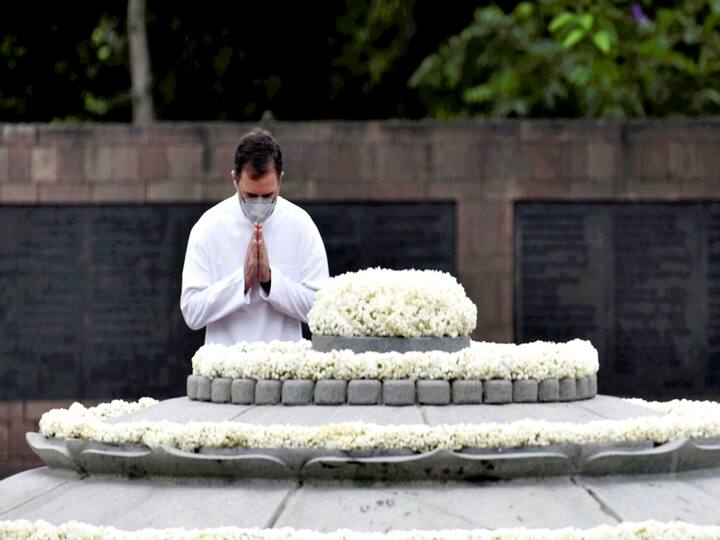 New Delhi: Congress leader Rahul Gandhi paying tribute to his father and former prime minister Rajiv Gandhi on his 77th birth anniversary, at Veer Bhumi in New Delhi, Friday, Aug. 20, 2021. (PTI Photo/Ravi Choudhary)