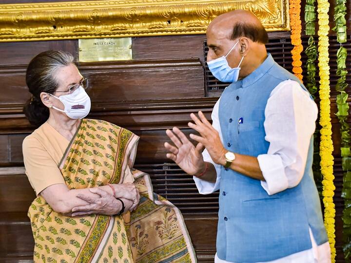 New Delhi: Union Defence Minister Rajnath Singh and Congress Interim President Sonia Gandhi after paying tribute to former prime minister Rajiv Gandhi on his birth anniversary, at Parliament House in New Delhi, Friday, Aug 20, 2021. (PTI Photo/Kamal Singh)