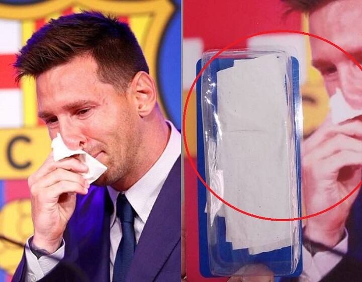 Lionel Messi Tear soaked tissue during Barcelona farewell is for sale at 1 million dollar Lionel Messi: துடைத்துப் போட்ட டிஷ்யூக்கு 1 மில்லியன் டாலர்! மெஸ்ஸியின் டிஎன்ஏ.,வுக்கு கடும் போட்டி!